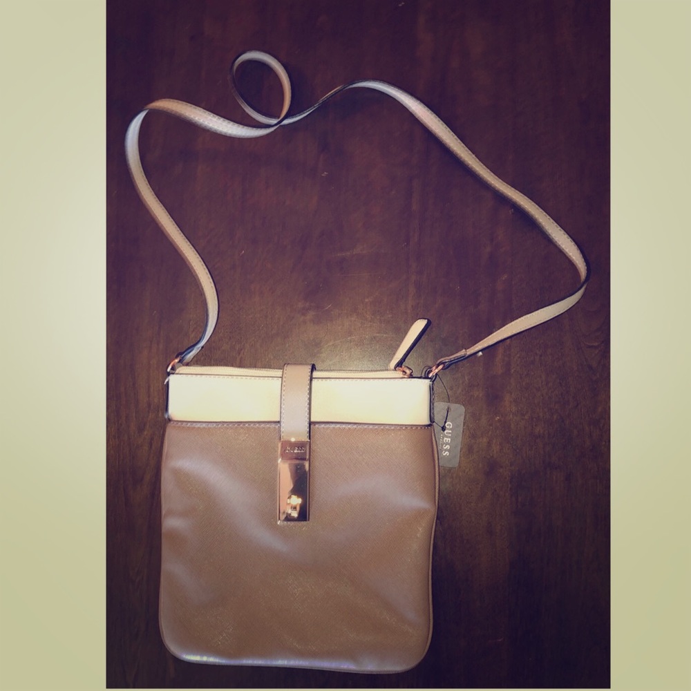 Guess Cream and Tan leather Tourist Crossbody